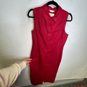 Talbots Petites Red Irish Linen Sleeveless Button Front Midi Shirt Dress 10P